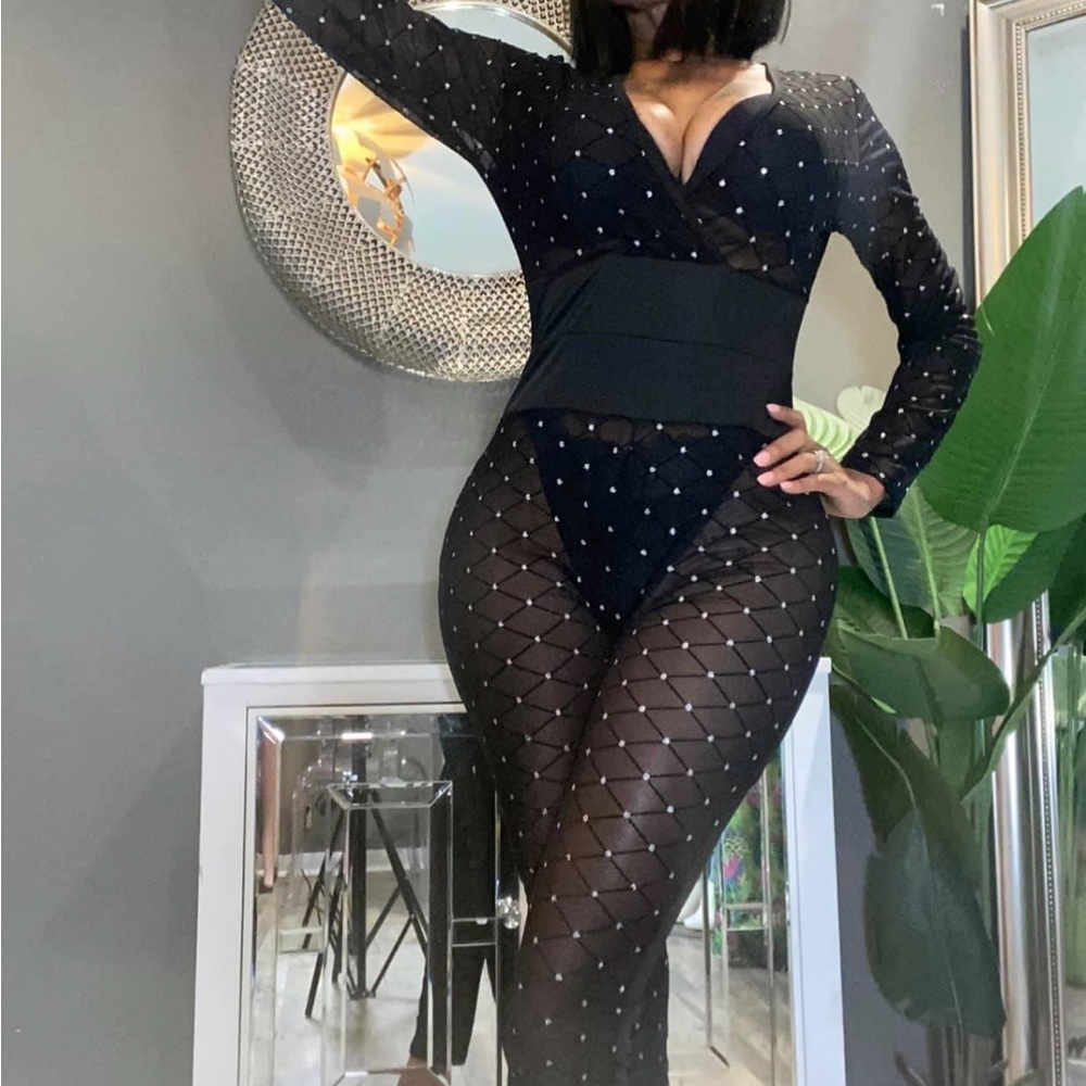 Black Rhinestones Embellished Jumpsuite